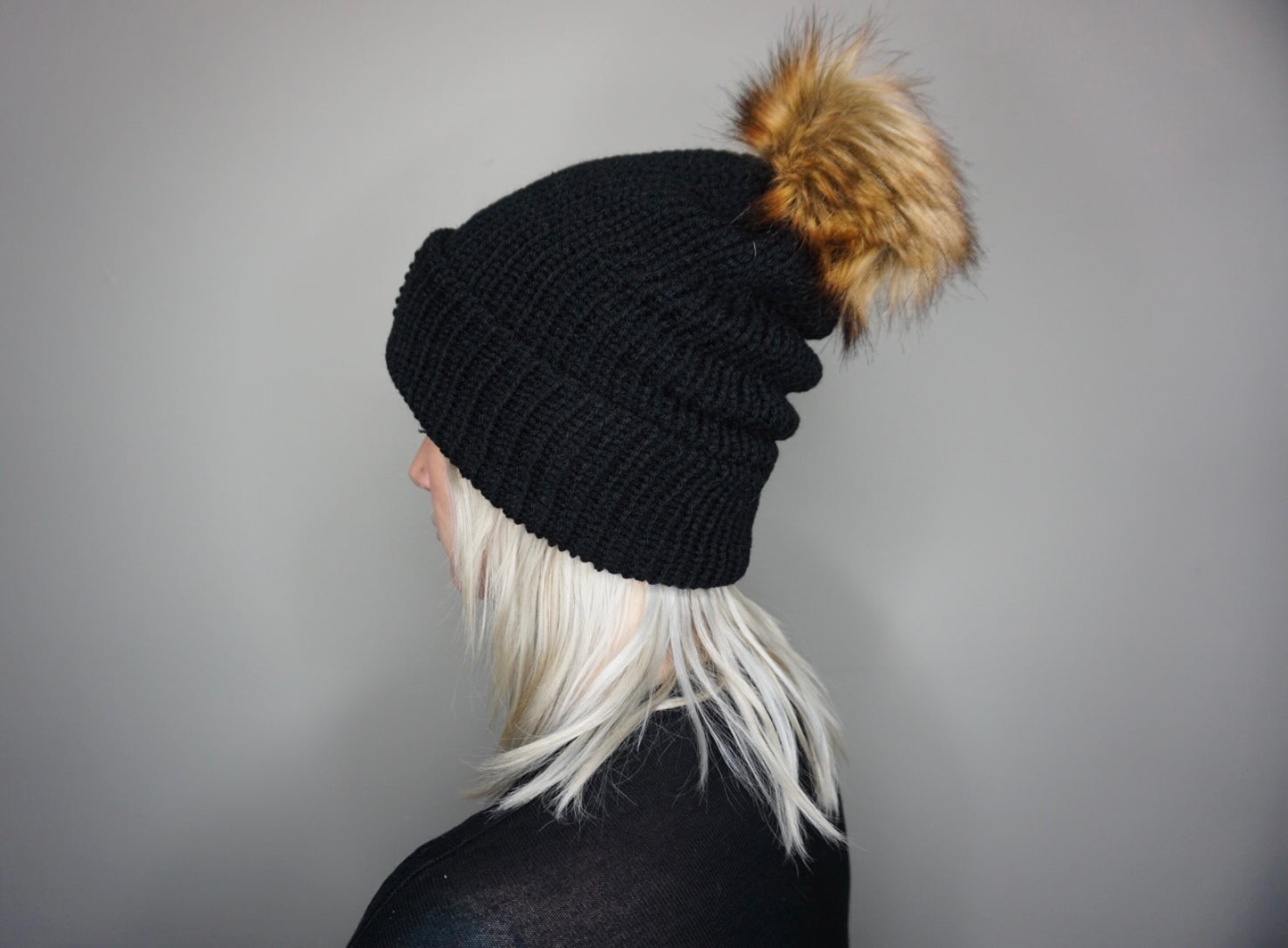 The Fox Beanie in Black- Choose your pom