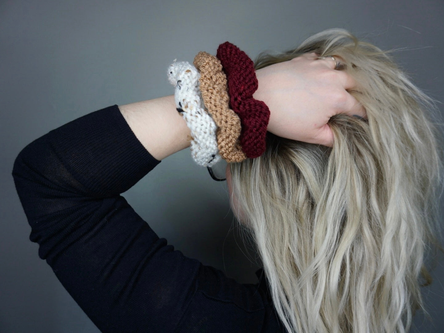 Knit Scrunchie 3 pack in Oatmeal, Almond, and Burgundy