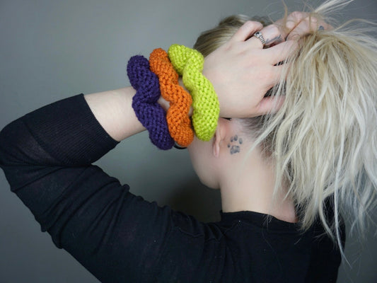 Halloween Knit Scrunchie 3 pack in (S)Lime Green, Moody Purple, and Burnt Orange