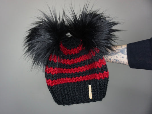 The Halloween Stripe Double Pom Beanie in Red and Black