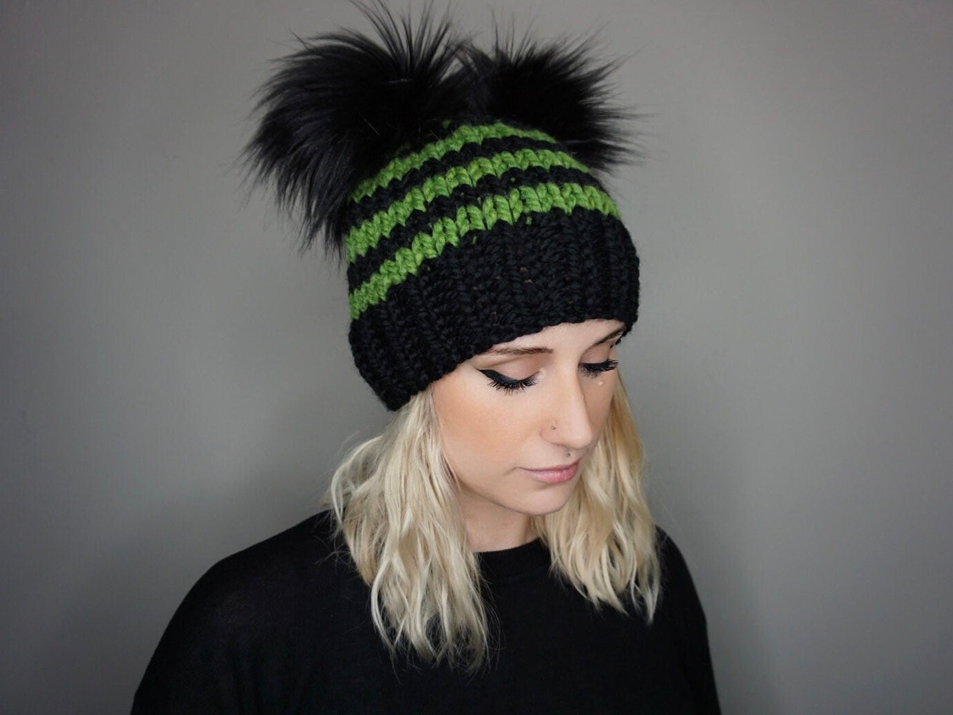 The Halloween Stripe Double Pom Beanie in Green and Black