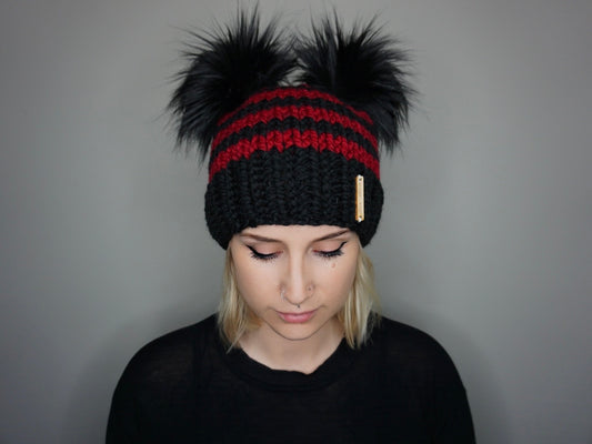The Halloween Stripe Double Pom Beanie in Red and Black