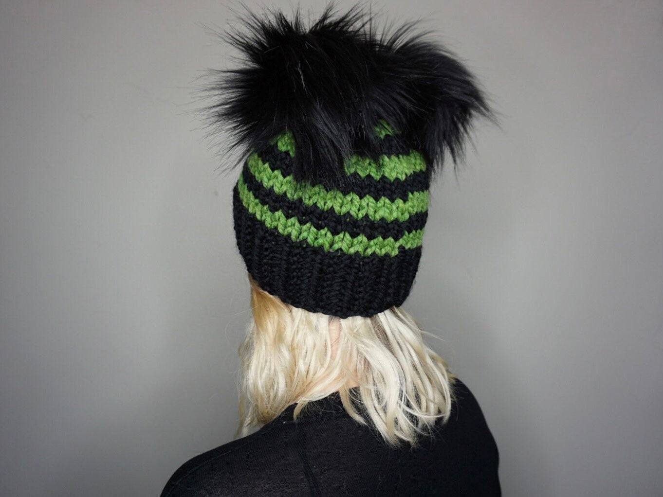 The Halloween Stripe Double Pom Beanie in Green and Black