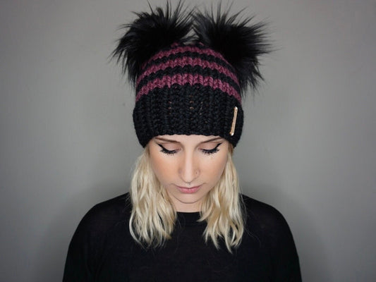 The Halloween Stripe Double Pom Beanie in Purple and Black