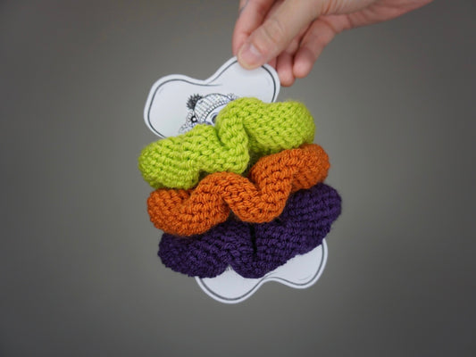 Halloween Knit Scrunchie 3 pack in (S)Lime Green, Moody Purple, and Burnt Orange