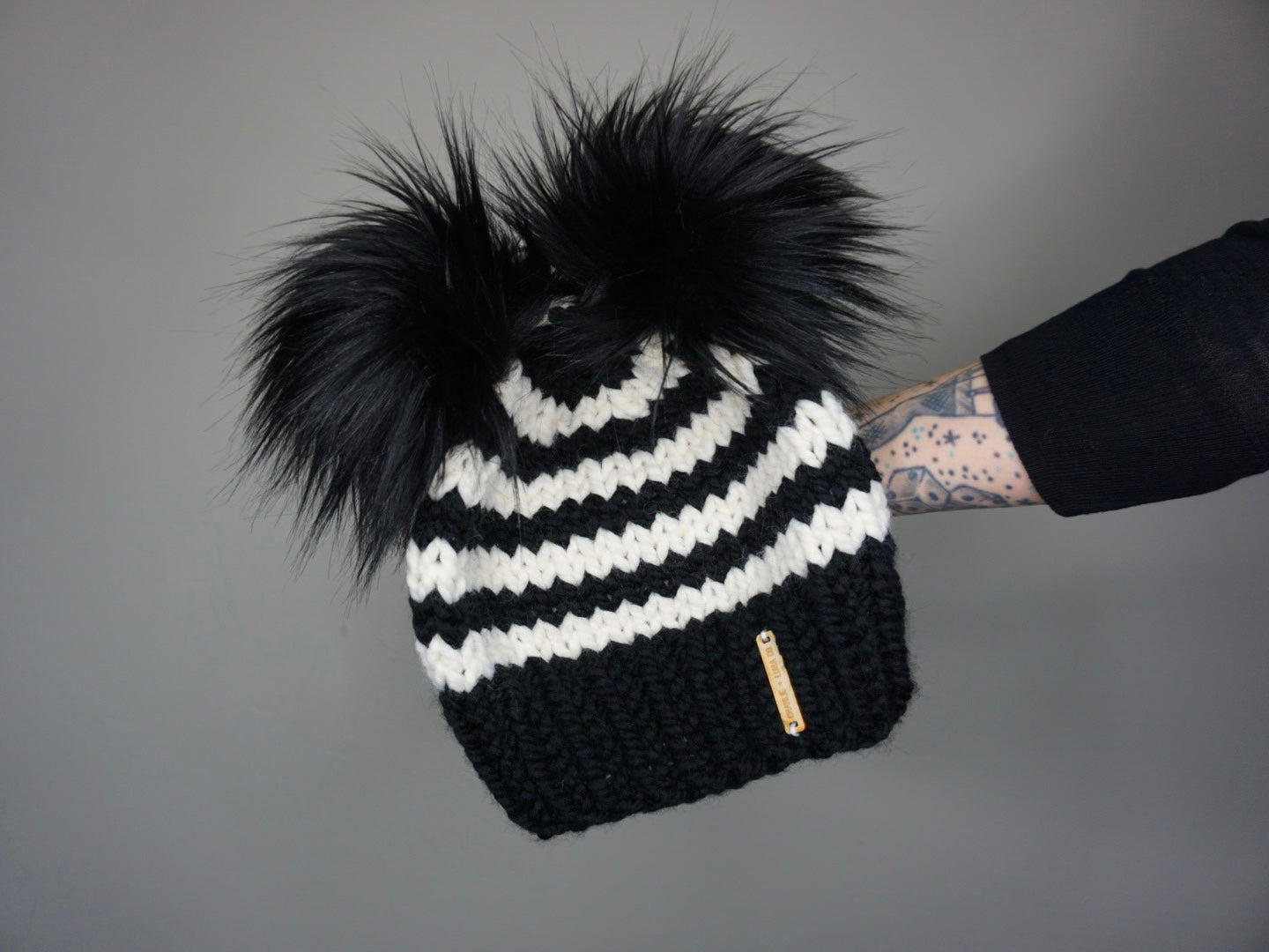 Harlow Pom Pom hat toque pig tail Black Double Pom Cable Knit Beanie Cable Knit Fur Pom Hat, Grey – SpearmintLOVE main image 4